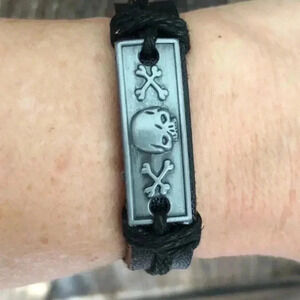 Pewter Skull Crossbones Leather & Hemp Adjustable Bracelet I NWT
